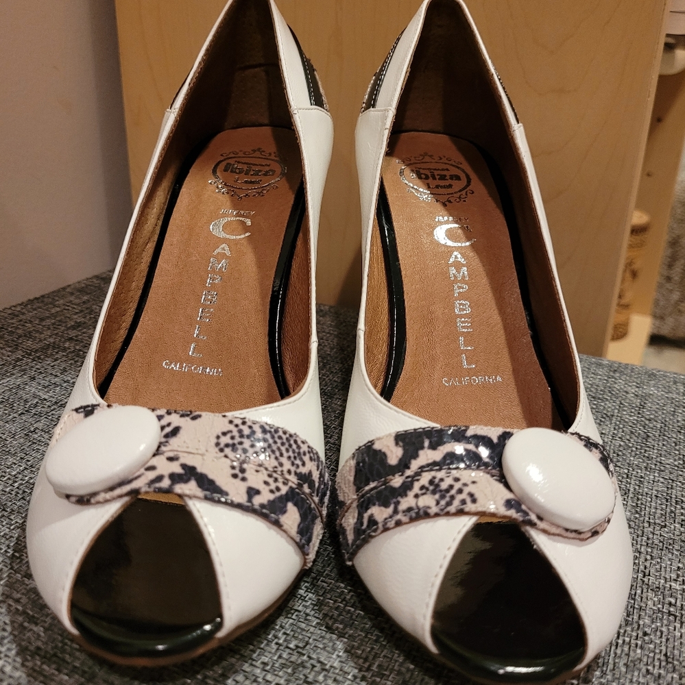 Jeffrey Campbell white with animal print high heels
